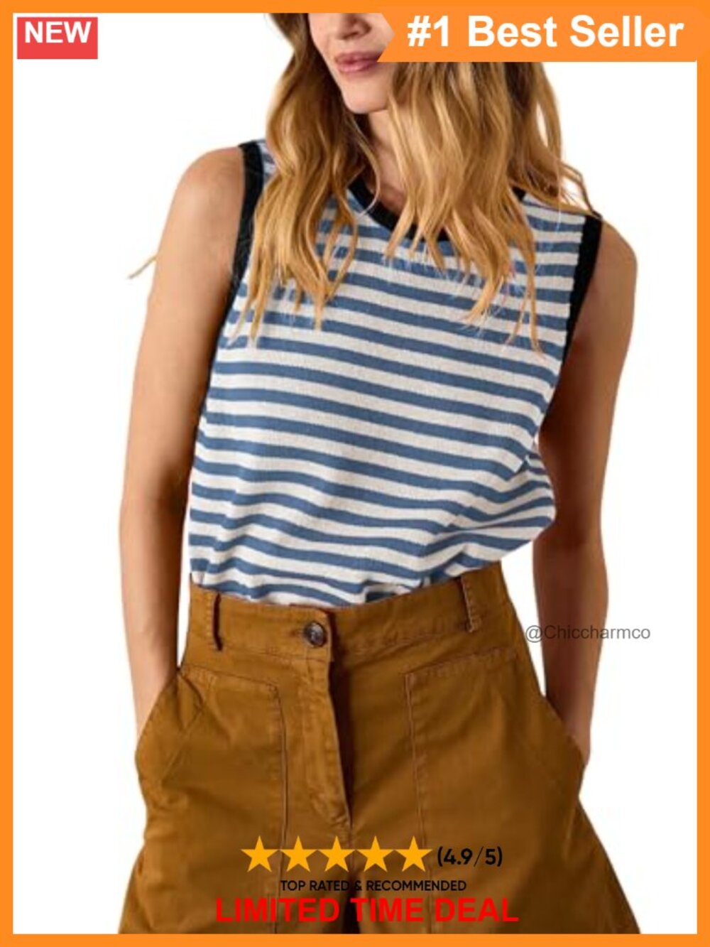 Women's Striped Sweater Vest Ribbed Knit Oversized Crewneck Pullover